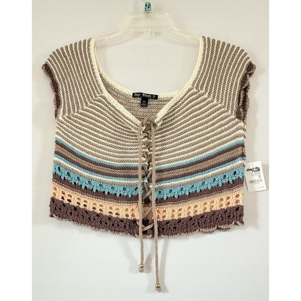 Say What Womens Retro Crochet Knit crop‎ sweater XL NwT